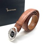 BILLIONER ремень крокодил светло-коричневый пряжка серебро