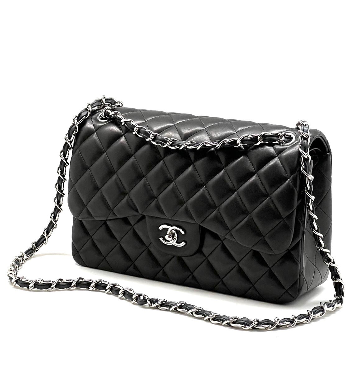 chanel-sumka-2-55-gladkaya-kozha-v-kletku-30-sm-chernaya-serebro.jpg CHANEL сумка 2.55 гладкая кожа в клетку 30 см черная серебро — изображение 1