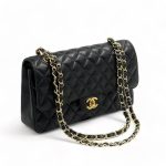 CHANEL сумка 2.55 кожа икра в клетку 25 см черная фурнитура золото