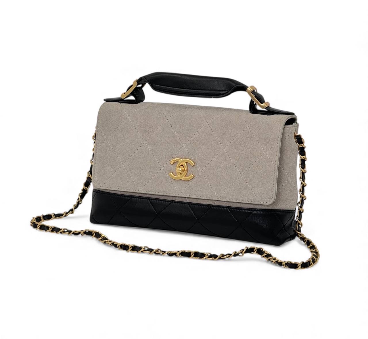 chanel-sumka-kletka-zamsha-seraya-i-chernaya-kozha-zoloto.jpg CHANEL сумка клетка замша серая и черная кожа золото — изображение 1