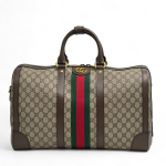 GUCCI бежевый дорожник из канвы в монограмму с отделкой из коричневой кожи с красно-зеленой полосой по центру