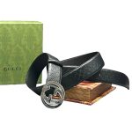 GUCCI ремень черная кожа тиснение мелкой монограммы пряжка GG серебро