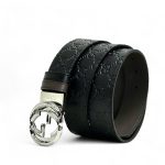 GUCCI ремень двухсторонний тиснение монограмм и гладкая кожа черный пряжка GG острая серебро