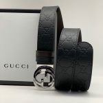 GUCCI ремень кожа монограмма черный гладкий пряжка круглая лого плоская