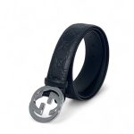 GUCCI ремень кожа монограмма черный пряжка GG серебро глянцевая