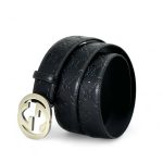 GUCCI ремень кожа монограмма черный пряжка GG серебро матовая