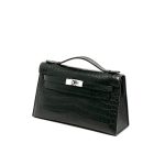 HERMES клатч POCHETTE 22 см черная кожа крокодила серебро