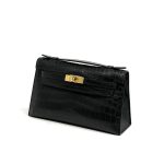 HERMES клатч POCHETTE 22 см черная кожа крокодила золото