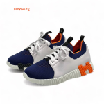 HERMES кроссовки белые из кожи с синим текстильным носком