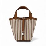 HERMES Picotin 18 см сумка текстиль коричневая кожа серебро