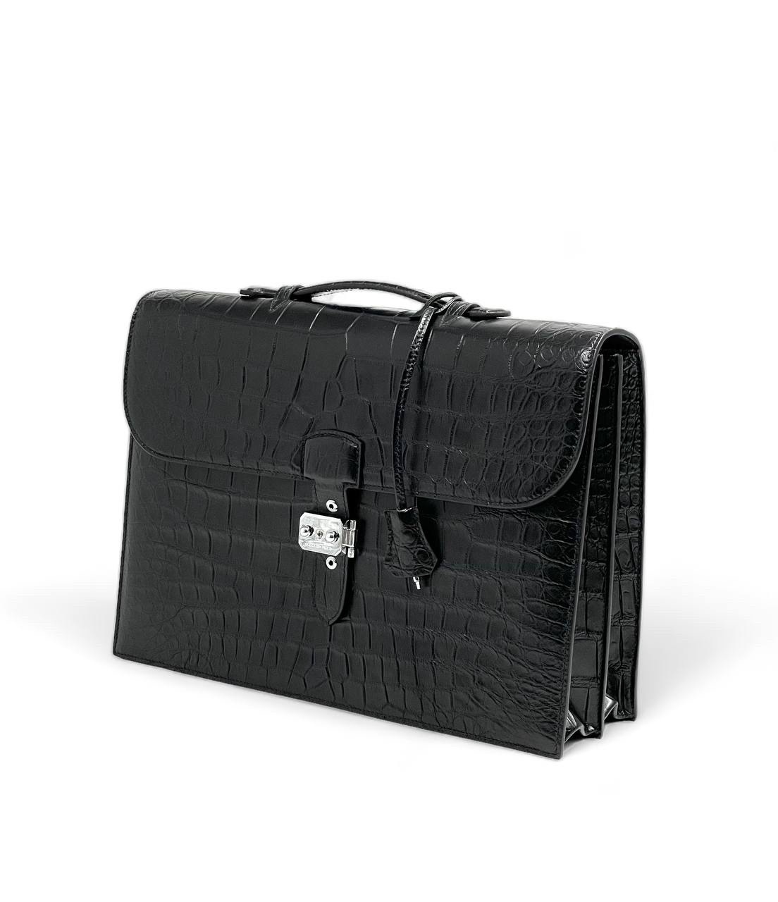 hermes-portfel-kozha-krokodila-chernyj-s-klapanom-i-zastezhkoj.jpg HERMES портфель кожа крокодила черный с клапаном и застежкой — изображение 1