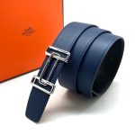 HERMES ремень черно-синий мягкая кожа эпсом пряжка Н серебро