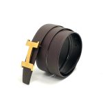 HERMES ремень двухсторонний коричневая кожа того и черная гладкая, золотая пряжка пряжка Н