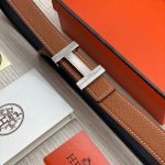 HERMES ремень коричневый белая строчка