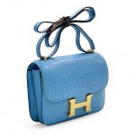 HERMES сумка Constance 18 см кожа крокодила голубая золото