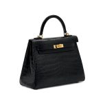 HERMES сумка KELLY 25 см  черная  кожа крокодила золото
