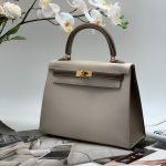 HERMES сумка Kelly кожа Эпсом 25 см бело-коричневая фурнитура золото