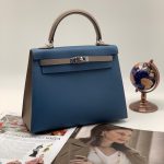 HERMES сумка Kelly кожа Эпсом 25 см сине-бежевая фурнитура серебро