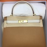 HERMES сумка Kelly кожа Эпсом 28 см бело-коричневая фурнитура золото