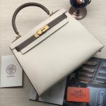 HERMES сумка Kelly кожа Эпсом 28 см бело-коричневая фурнитура золото