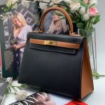 HERMES сумка Kelly кожа Эпсом 28 см черно-коричневая фурнитура золото