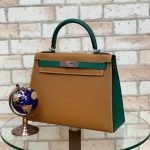 HERMES сумка Kelly кожа Эпсом 28 см коричнево-зеленая фурнитура серебро