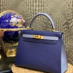 HERMES сумка Kelly кожа Эпсом 28 см сине-голубая фурнитура золото