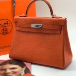 HERMES сумка Kelly кожа крокодила 32 см оранжевая фурнитура серебро