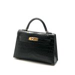 HERMES сумка MINI KELLY 19 см черная кожа крокодила  золото