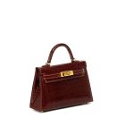 HERMES сумка MINI KELLY 19 см коричневая лак кожа крокодила  золото