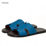 HERMES Тапочки из синей кожи эпсом коричневая стелька