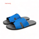 HERMES Тапочки из синей кожи эпсом серая стелька