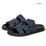 HERMES Тапочки синие гладкая кожа матовая с застежкой