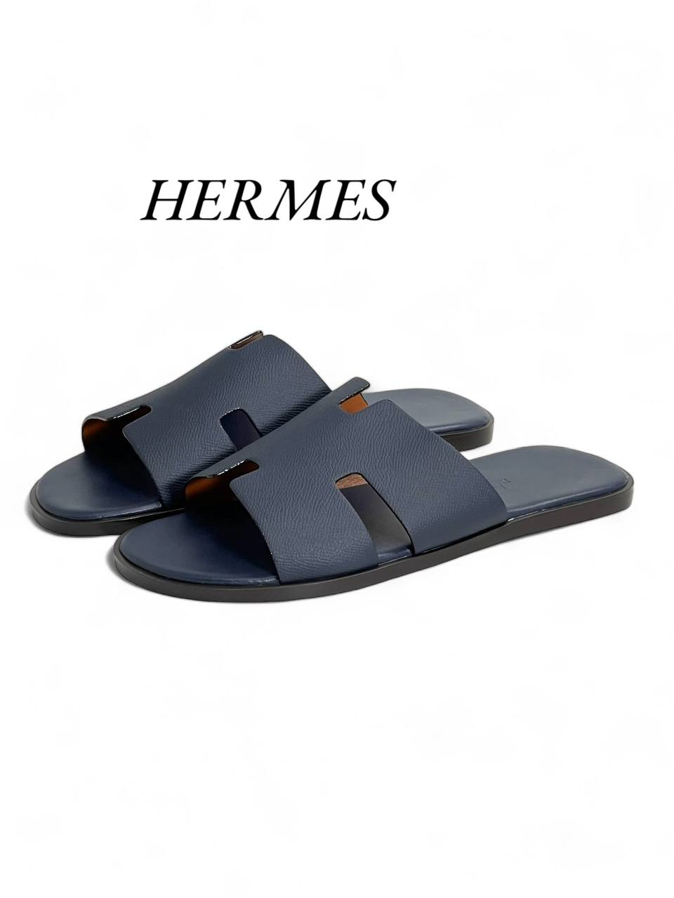 hermes-tapochki-sinie-kozha-epsom-sinyaya-stelka.png HERMES Тапочки синие кожа эпсом синяя стелька — изображение 1