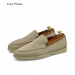 LORO PIANA лоферы низкие замша бежевые с коричневой вставкой