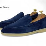 LORO PIANA лоферы низкие замша синие с белой подошвой