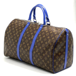 LV дорожная сумка KEEPALL 50 канва коричневая монограмма с отделкой из синей кожи