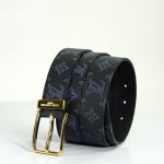 LV ремень черный того с синей монограммой классическая пряжка золото