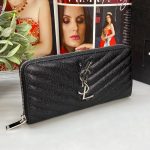 SL кошелек на молнии вокруг большой из черной кожи CAVIAR логотип YSL серебро по центру