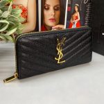 SL кошелек на молнии вокруг большой из черной кожи CAVIAR логотип YSL золото по центру