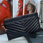 SL кошелек тонкий на молнии с ремешком и внешним карманом  из черной кожи caviar логотип YSL по центру из металла цвет серебро