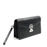 SR борсетка крокодил маленькая крок черная с клапаном логотип серебро