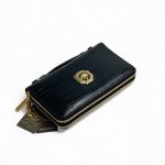 SR кошелек крокодил черный на двух молниях с ручкой сверху фурнитура золото