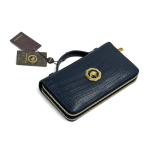 SR кошелек крокодил синий на двух молниях с ручкой сверху фурнитура золото