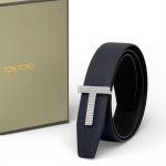 TOM FORD Ремень черно-синий, выпуклая золотая буква Т на серебряном основании