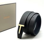 TOM FORD Ремень черно-синий, выпуклая золотая буква Т на серебряном основании