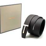 TOM FORD Ремень темно-коричневый, выпуклая серебряная буква Т на золотом основании